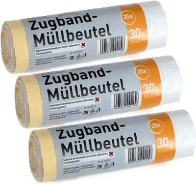 Zdjęcie produktu dla Worki na śmieci 30 litrów, ze sznurkiem, odporne na rozdarcie, 3 sztuki, do odpadów domowych