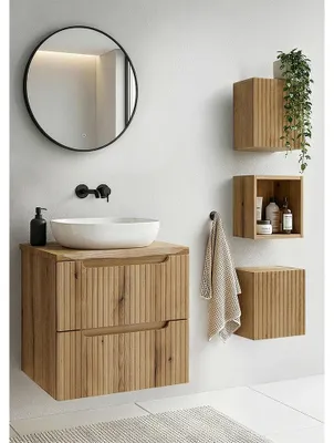 Produktbild von Badmöbel-Set 5-teilig mit LED-Spiegel & 60 cm Waschtisch in Eiche, gerillte Front, Baumkantenoptik - NEWPORT-56-EVOKE