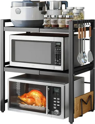 Produktbild von Küchenregal devesanter Mikrowellenregal, 3-stufig ausziehbare Arbeitsplatte, Bäckereiregale mit 6 Haken, Küchenregal, Gewürzregal, Mikrowellenschrank,