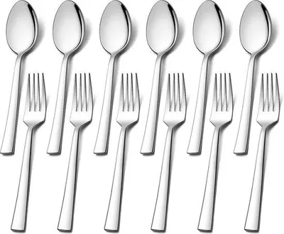 Produktbild von Unyqoos® 12-teiliges Edelstahl-Besteckset – 6 Esslöffel & 6 Tafelgabeln, 20 cm, hochglanzpoliert, spülmaschinengeeignet, modernes Besteck für Zuhause & Restaurant