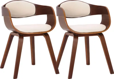 Two modern dining chairs with wood frames and cream upholstery, set against a white background.
