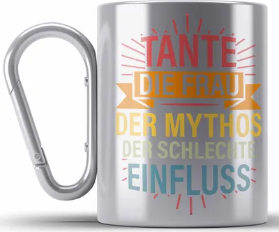 Produktbild von Trendation - Tante Frau Mythos Schlechter Einfluss Geschenk Edelstahl Tasse Karabiner Geschenkidee Beste Tante Karabiner Edelstahl Tasse Karabiner Edelstahl Geschenk Lustig (Silber)