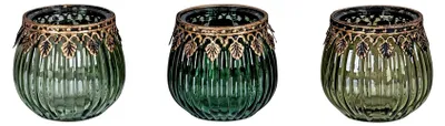 Produktbild von 3er Set Orientalische Teelichthalter in Grün und Gold aus Glas für Tischdekoration