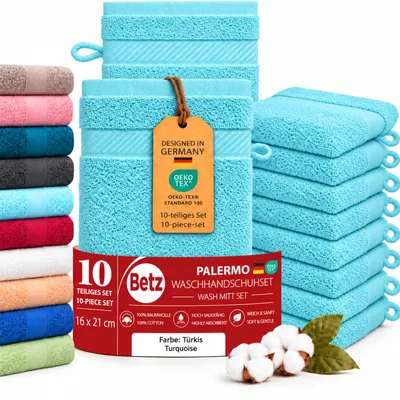 Image de Gants de toilette Betz Palermo, lot de 10, 16x21 cm – 100% coton, 360g/m² – Gants de toilette en molleton doux – Faciles d'entretien et très absorbants – Couleur : turquoise