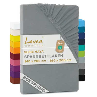 Produktbild von Lavea® Spannbettlaken 140-160x200 cm - Boxspringbett, Jersey, 40 cm Steghöhe, 100% Baumwolle, weich, atmungsaktiv, pflegeleicht, formstabil - Mittelgrau