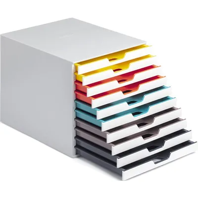 Produktbild von DURABLE Schubladenbox VARICOLOR® weiß mit bunten Farblinien 763027, DIN C4 mit 10 Schubladen