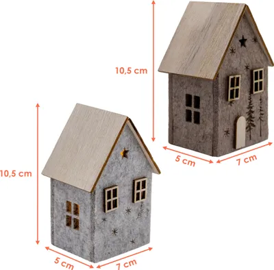 Produktbild von LED Filz Winterhaus mit Holzdach 2er Set inklusive Batterie - 10 x 7 cm - Deko Weihnachtsdorf warm weiß beleuchtet