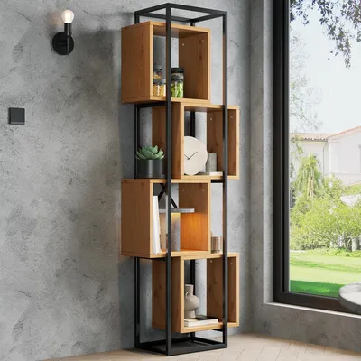 Produktbild von Stehregal 59x30x180, Metallrahmen, MDF-Böden, 4 Fächer, Stapel-Design, Dekoration（Black Brown）