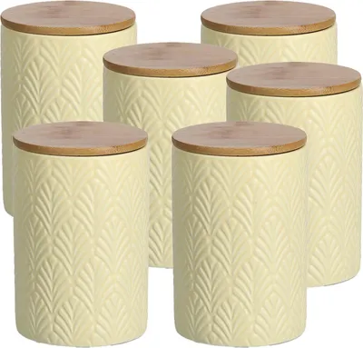 Produktbild von 6 Stück Vorratsdose Keramik mit Bambusdeckel, gelb - 720ml, Ø 10cm