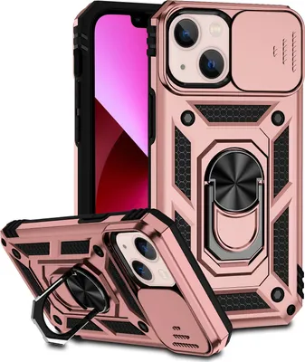 Image de Étui pour iPhone 13 étui double couche avec cache-appareil photo coulissant et anneau de support Rose