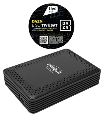 A black digital set-top box with a circular marketing sticker above it.