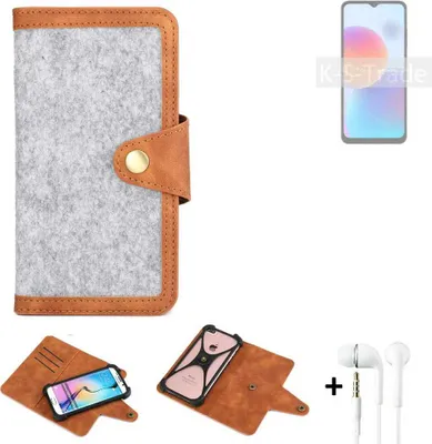 Produktbild von K-S-Trade Handyhülle + Kopfhörer kompatibel mit ZTE Blade A52 Schutzhülle Filz Hülle Kunstleder hellgrau braun (1x)