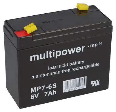 A black multipower lead acid battery with yellow terminal covers.
