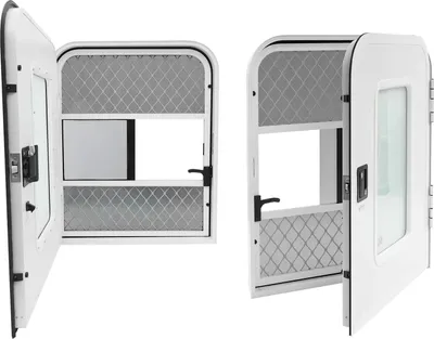 Immagine prodotto di Porta d'ingresso per roulotte/camper - Porta in alluminio - 76,2×91,5 cm - Con zanzariera e finestra - Montaggio a sinistra/destra - Con serratura - Per spessore parete 30–60 mm - Grigio