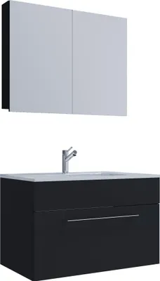 Produktbild von VCM 3-tlg. Waschplatz Set Waschtisch Waschbecken Keramik "Sentas Spiegelschrank + 1 Schublade" Schwarz, 80 x T. 46 cm