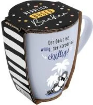 Produktbild von Tasse mit Motivdruck 'Der Geist ist willig, der Körper ist chillig!', mit Banderole