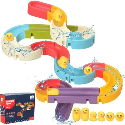 Produktbild von 34-teilige Kugelbahn Badewanne | Badespielzeug Murmelbahn mit Saugnäpfen & Enten | Wasserspielzeug Bauklötze für Kinder ab 3 Jahren