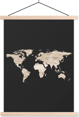 Produktbild von MuchoWow® Textilposter Weltkarte - Beige - Schwarz 120x160 cm mit holzfarbenen Rahmen - Plakatkarton