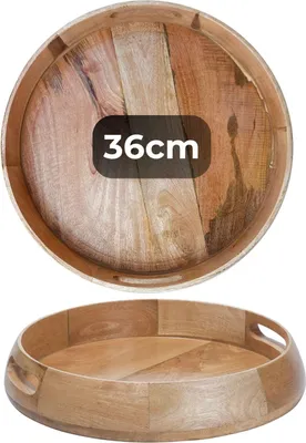 Produktbild von Marrakesch Boho Deko Tablett Serviertablett rund aus Holz 36 cm | Servierplatte Kahaya als Dekorative Tischdeko für Küche und Wohnzimmer | Vintage Frühstückstablett natürlich für Schlafzimmer