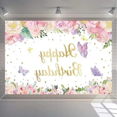 Obrázek produktu pro Děvčatí narozeninová dekorace s květinami a motýly, 150 cm x 90 cm, elegantní látkové pozadí