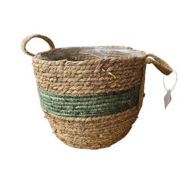 Produktbild von Korb Pflanzkorb Aufbewahrungskorb mit Folieneinsatz aus Seegras 2 Griffe Beige/Grün L °33cm/Höhe 26cm