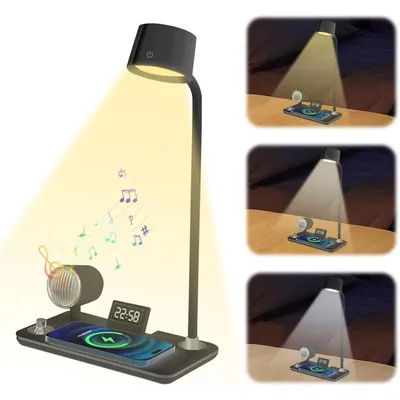 Produktbild von Schreibtischlampen, Schreibtischlampe LED Dimmbar, 3 Farben, Mit Ladefunktion, Multifunktionalem Bluetooth-Lautsprecher Und Uhr