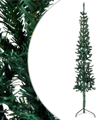 A slim artificial Christmas tree with a stand, shown against a white background.