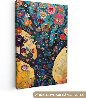 Produktbild von MuchoWow® - Leinwandbilder - Baum - Lebensbaum - Farbenfroh - Blumen - Modern, Wandbild, Wanddeko Bilder Wohnzimmer, 60x90 cm