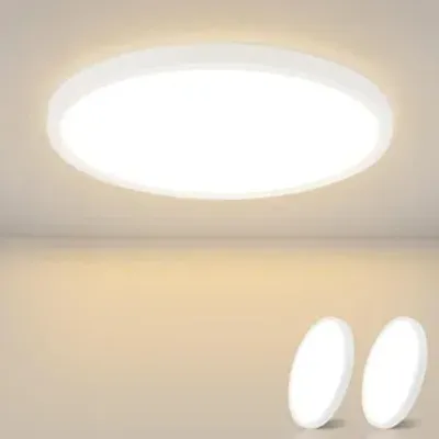 A white LED ceiling light is mounted on a white ceiling, with two smaller, similar lights visible in the foreground.