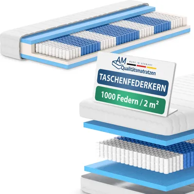 Produktbild von AM Qualitätsmatratzen | 1000 Federn 7-Zonen Taschenfederkernmatratze - 90x200 cm - H5 | Tonnentaschenfederkernmatratze | 90/200 | Federkernmatratze | Härtegrad H5 | 7 Zonen | 24 cm Höhe