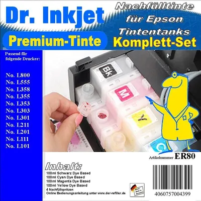 Produktbild von ER80 - Dr. Inkjet 400ml Komplett Set Premium Dye Based Nachfülltinte - Alles drin Packung - ersetzt T6641, T6642, T6643, T6644