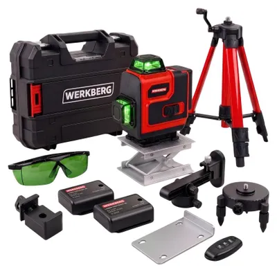 Zdjęcie produktu dla Poziomica laserowa laser krzyżowy 4D Werkberg LASKQ101 sampoziomujący 25m 16 linii ze statywem zestaw