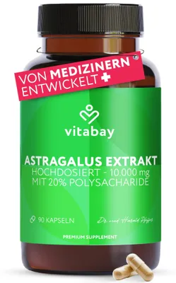 Produktbild von Vitabay Astragalus Kapseln Hochdosiert 10.000mg - 90 Vegane Kapseln Astragalus Extrakt aus der Wurzel - Tragantwurzel Membranaceus mit 20% Polysaccharide - Labor