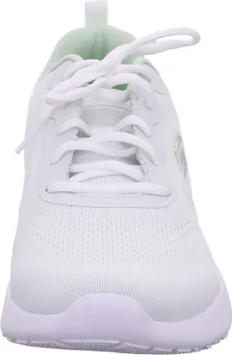 A front view of a white Skechers sneaker with light green accents.