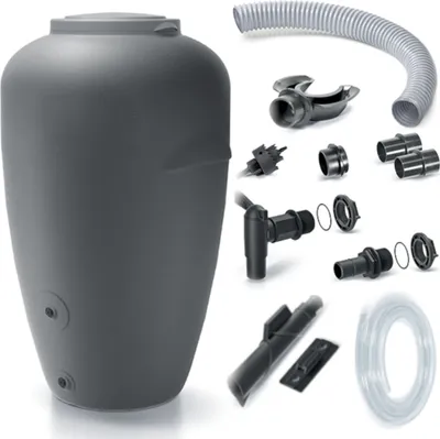 A rain barrel and its accessories are displayed against a white background.