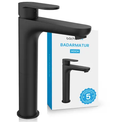 Produktbild von Bächlein Wasserhahn hoch fürs Bad in klassischem Design, extra hoher Einhebelmischer für Aufsatzwaschbecken mit Montage-Set, Badarmatur Schwarz