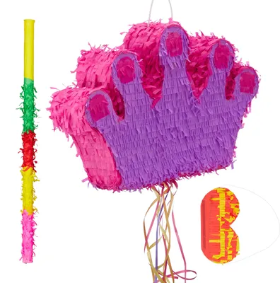 Produktbild von 3 tlg. Pinata Set Krone, mit Pinata Stab und Augenmaske, für Kinder, Geburtstag, zum selbst Befüllen, Piñata, bunt