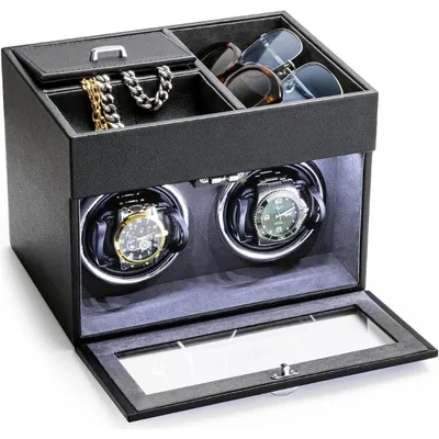 Immagine prodotto di Scatola rotante per orologi iUni, Watch Winder 2 + 3 scomparti accessori, Pelle ecologica, Nero-Grigio