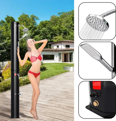 Produktbild von Faziango Solardusche Gartendusche 40L mit Abdeckhaube, Handbrause und Drain Stop – Standsäule für Garten, Pool & Camping in Schwarz