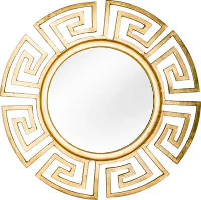 A round mirror with a decorative gold frame.