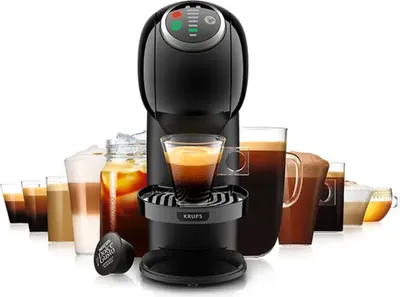 A black coffee machine is shown with multiple cups of coffee in various stages of preparation and completion, arranged around it.