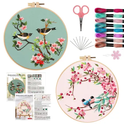 Produktbild von Stickset für Anfänger 2-teilig Vogel Blumenmuster Kreuzstich Bastelset mit Zubehör und Reifen