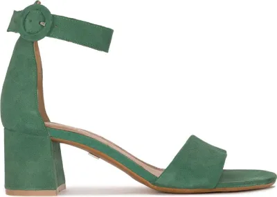 Produktbild von Grüne Damensandalen aus Veloursleder mit Knöchelriemen und 5,5 cm Absatzhöhe