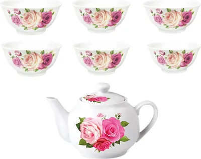 Produktbild von Teeservice Set 7 teilig Teekanne 0,9L + 6 Pialas Ø11cm Rosendesign Porzellan edles Teeset