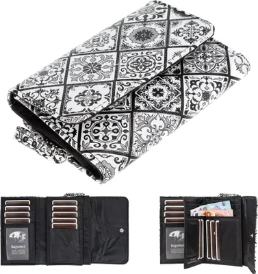 Produktbild von Geldbörse Damen Portemonnaie Geldbeutel Alessandro Mosaik Black & White Vintage Börse Damenbörse Large mit Flap gross 2385 Schwarz Weiss + Schlüsseletui