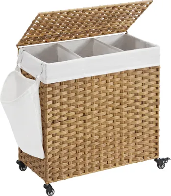 A laundry basket with wheels and a lid, divided into three compartments.