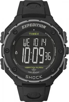 A close-up, front-facing shot of a black digital watch with a black strap.
