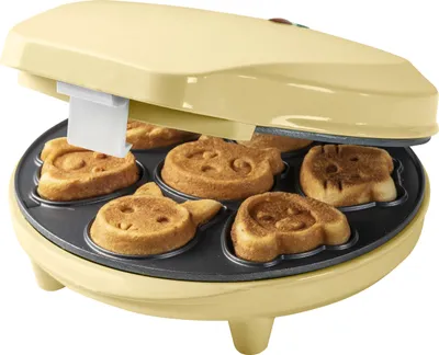 Produktbild von Bestron Waffeleisen für Mini-Cookies, Mini-Cookie-Maker in Tiermotiven, Waffeleisen für Mini-Waffel-Kekse, mit Backampel & Antihaftbeschichtung, 700 Watt, Farbe: Gelb