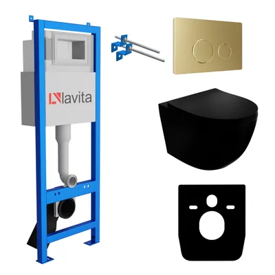Produktbild von Lavita LAV 101 Vorwandelement für WC 40cm + Wand Hänge Tiefspül WC SINTO Schwarz Spülrandlos + Bedienplatte LAV 200.4.5 Gold | Komplettset | Unterputz Spülkasten | Toilette Komplett Sett