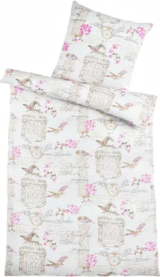 Produktbild von Seersucker Bettwäsche 135x200 Blumen Vögel, Mikofaser Sommer Bettbezug Floral